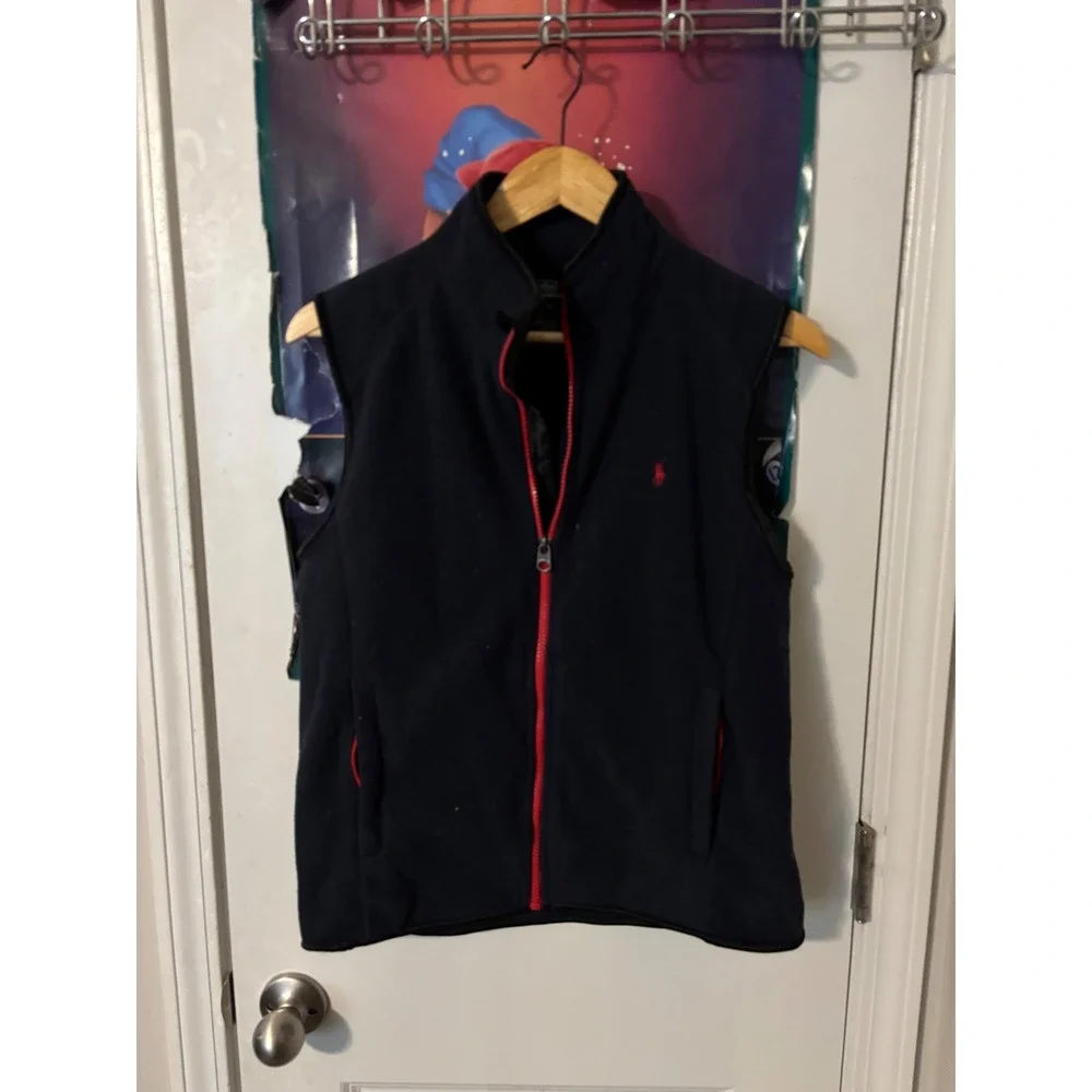 Polo Ralph Lauren Kids Navy Blue Fleece Full Zip Vest Red Pony Logo Size Large